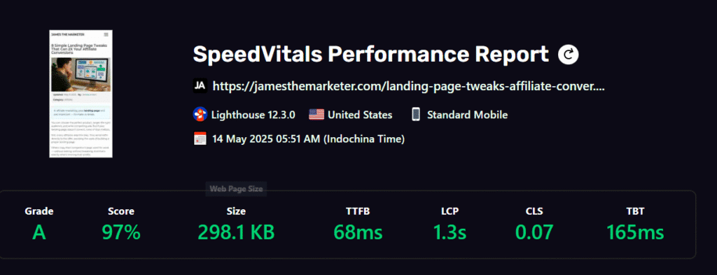 landing page speedvitals test